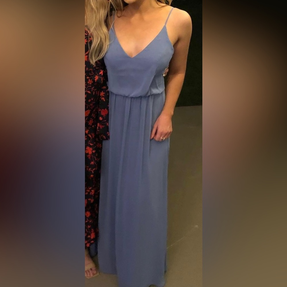 V-NECK BLOUSON BODICE CHIFFON MAXI DRESS IN LARKSPUR BLUE SIZE 0